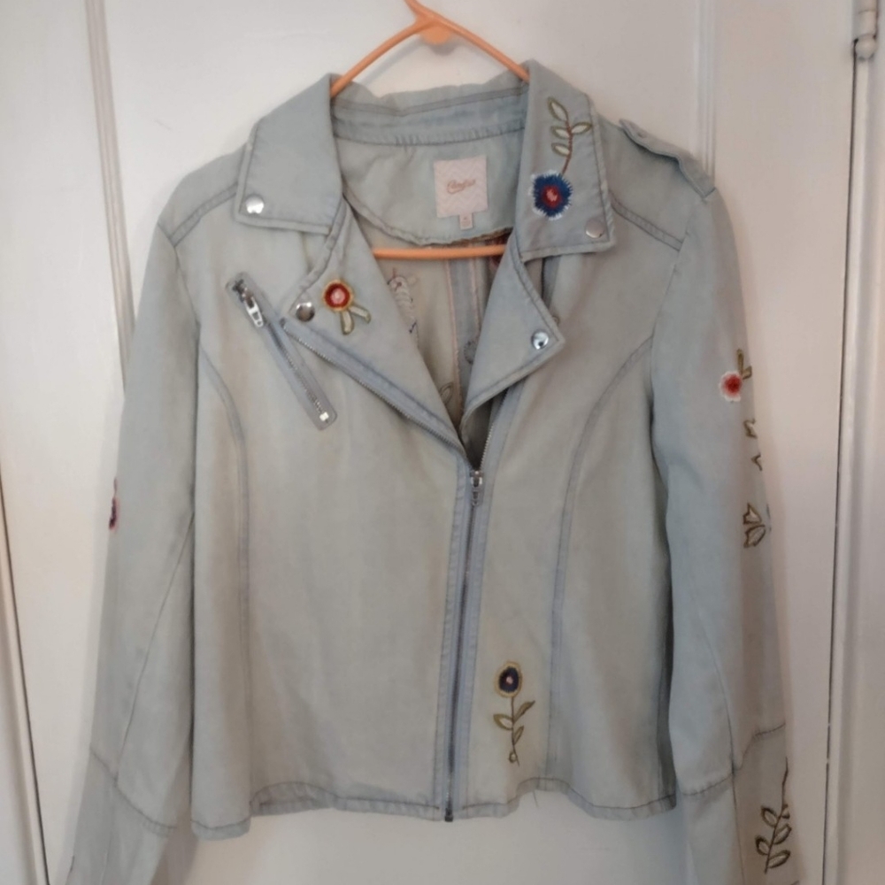 Embroidered Light Blue Denim Moto Jacket XL